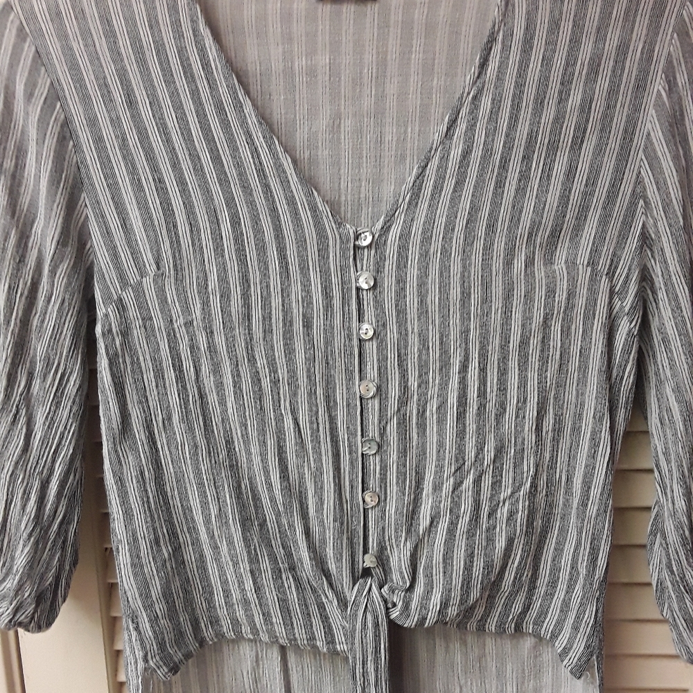 Grey Button Tie Striped High Low Shirt Boho S M